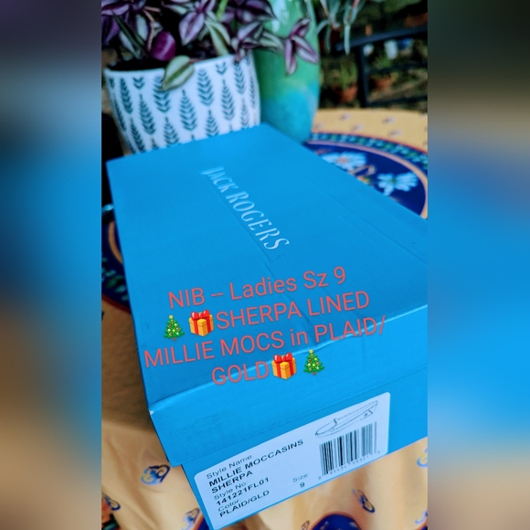 NWT/BOX 🎁JACK ROGERS ⭐Ltd Ed⭐ sherpa lined MILLIE MOCCASINS🎄sz 9🎄PLAID/GOLD🎁 - Picture 2 of 10